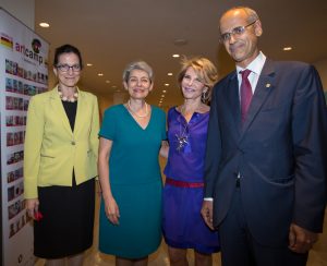 NEW YORK, NY - SEPTEMBER 21 : (Right) Mr Antoni Mart Petit , Ms. Hedva Ser ,Ms. Irina Bokova and Ms. Elisenda Vives Balmaa at the opening of the exhibition Art Camp ÒColors of the PlanetÓ at the United Nations on September 21, 2016 in New York, VIEWpress/Maite H. Mateo