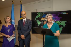 Ms. Irina Bokova, Director-General of UNESCO, speaking at the opening of the exhibition Art Camp ÒColors of the PlanetÓ at the United Nations on September 21, 2016 in New York, VIEWpress/Maite H. Mateo