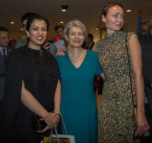 NEW YORK, NY - SEPTEMBER 21 : Ms. Irina Bokova, Director-General of UNESCO, with two of the artist at the opening of the exhibition Art Camp ÒColors of the PlanetÓ at the United Nations on September 21, 2016 in New York, VIEWpress/Maite H. Mateo